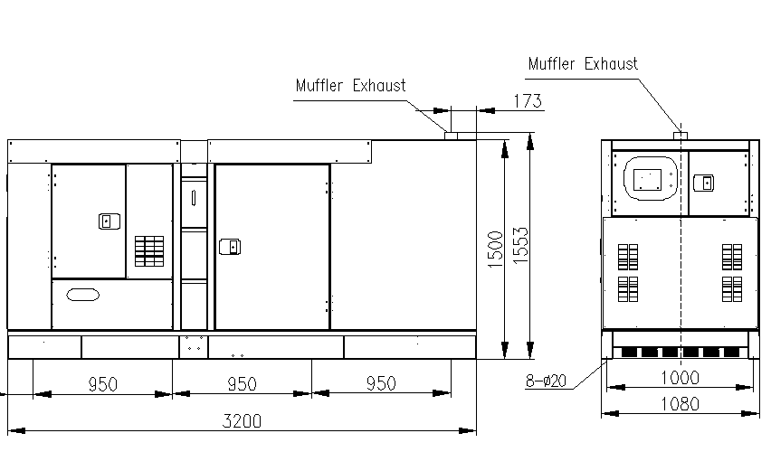 Ogólny schemat wymiarów rezerwowego generatora diesla